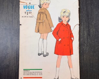 Vintage Vogue Designer Pattern, #6565, Simonetta of Italy, Girl’s Coat, Size 6, Double Breasted, Inverted Pleats, 1960s