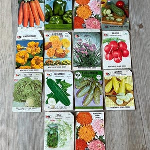 Pacotes de sementes vintage da década de 1970, sementes Northrup King, envelopes de sementes de flores, sementes de vegetais, arte de jardim, lote com 14