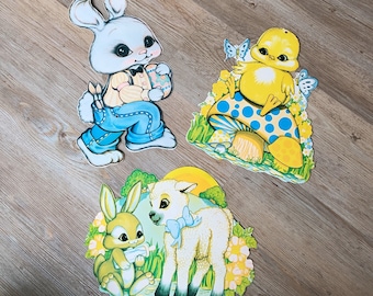 Vintage Beistle Easter Diecuts, Die Cuts, Mechanical Bunny, Lamb, Chick, Mushroom, Easter Party, Easter Decor, 1970s