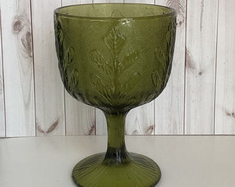 Vintage FTD Oak Leaf Avocado Goblet, Compote, Candle Vessel, Planter, Fall Decor, 1970s