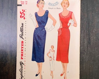 motif de couture vintage des années 1950, Simplicité 3608, Robe pour femmes, Taille 14, Décolleté arrondi, Corsage sans manches, Mode des années 1950