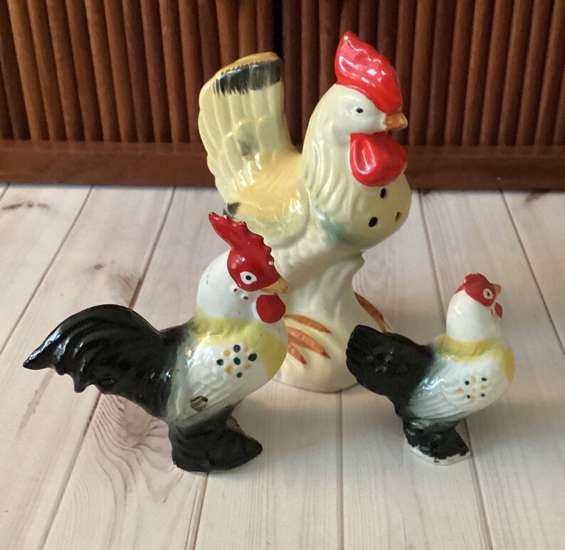 Vintage Keramik Hühnerfiguren, Huhn Shaker, Bauernhaus Küche, Vintage Küche, Landhühner, Mid Century, Japan, 1960er Jahre Bild 3