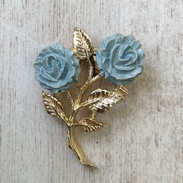 Vintage Gerrys Rose Brooch, Signed, Blue Enamel Roses, Gold Brooch, Figural Brooch, Dainty, Spring Brooch, Mothers Day Gift