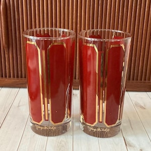 Georges Briard MCM High Ball Glasses, Barware, Red Panels, 22K Gold, Geometric Pattern, Abstract, Mid Century