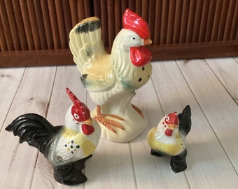 Vintage Keramik Hühnerfiguren, Huhn Shaker, Bauernhaus Küche, Vintage Küche, Landhühner, Mid Century, Japan, 1960er Jahre