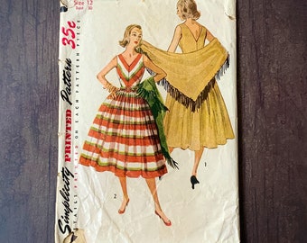 Motif de simplicité vintage des années 1950, 4287, Taille 12, Buste 30, Robe soleil, Jupe complète plissée, Robe sans manches, Châle, Étole, Couture vintage