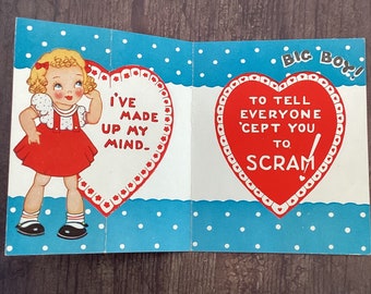 Vintage 1940s Valentines Card, Young Girl, Big Boy, I’ve Made up My Mind, Stand Up Card, Valentines Diecut