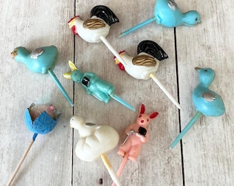 Vintage Easter, Chenille Chick, Cupcake Picks, Bird Picks, Bunny Picks, Easter Collectible, Easter Basket, Mid Century, 1950s