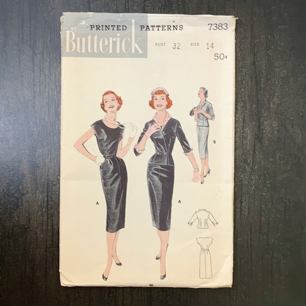 Vintage 1950s Butterick Sewing Pattern, 7383, Size 14, Sheath Dress, Jacket, Slim Skirt, Below Elbow Sleeves