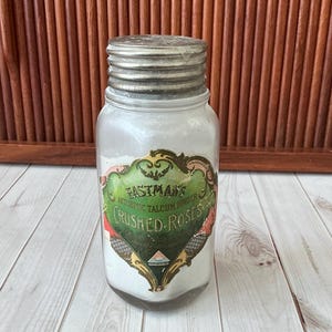 Antique Jergens Glass Powder Bottle, Eastman’s Talcum Powder, Crushed Roses, Original Litho Label, Art Deco, Vanity Bottle, Circa 1920&#39;s