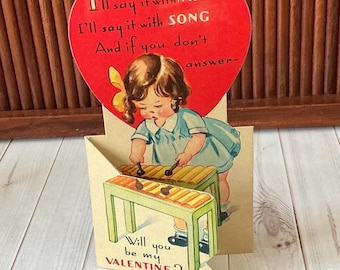 Vintage 1940s Valentines Card, Young Girl, Marimba, Xylophone, Pig, Will You Be My Valentine, Made in USA, Valentines Diecut