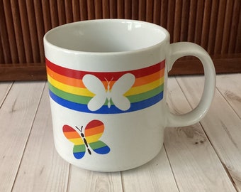 Vintage Rainbow Stripes Mug, Butterflies, Coffee Mug, Retro Mug, Nostalgia, Korea, 1980s
