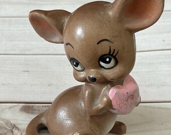 Vintage Josef Mouse, Pink Conversation Heart, Ceramic Mouse, Long Eyelashes, Cake Topper, Valentines Decor, 1960s