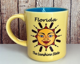 Yellow Florida Mug, Sunface, Coffee Cup, Retro Sun, Sunshine State, Florida Landmarks, Flamingos, Alligators