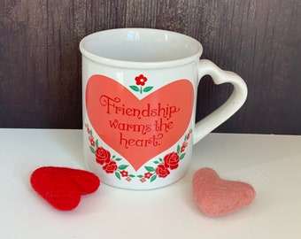 Vintage Heart Mug, Pink Heart, Roses, Friendship Warms the Heart, Coffee Mug, Retro Mug, Heart Handle, Valentines Day, Korea, 1980s