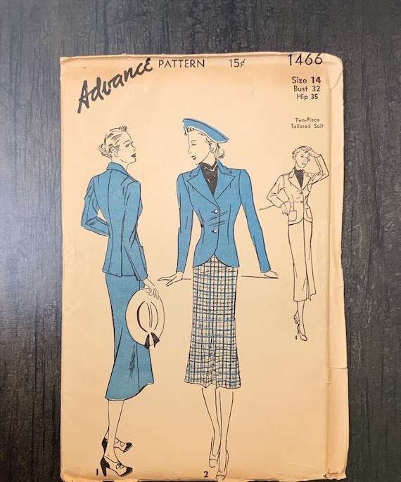RARE, Vintage Advance Sewing Pattern, UNCUT, 1466, Tailored Suit, Size 14, 1940s Pattern, Post War Era, Jacket, Skirt