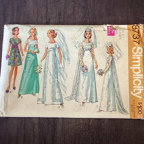 Simplicity 8737 Sewing Pattern, Size 8, Retro, Boho Chic, Wedding Dress, Bridesmaid Dress, Bridal Gown, Detachable Train, 1970