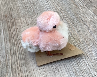 Vintage Ostern, Pom Pom Küken, rosa Huhn, gesponnene Baumwolle, Drahtfüße, Federschwanz, Osterdekor, Osternest, Japan, 1950er Jahre