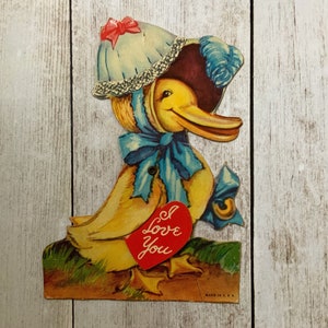 Vintage Valentines Card, Duck Wearing Bonnet, Mother Goose, I Love You, Mechanical Card, Stand Up, Ephemera, Junk Journal, 1930s
