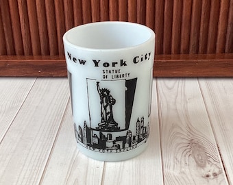 Vintage New York City Shot Glass, NYC Souvenir, Hazel Atlas, Empire State Building, Statue of Liberty, Rockefeller, Milk Glass, Barware