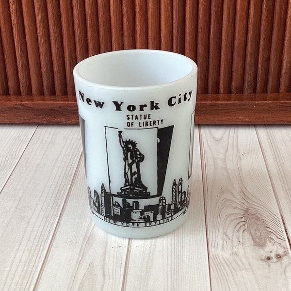 Vintage New York City Shot Glass, NYC Souvenir, Hazel Atlas, Empire State Building, Statue of Liberty, Rockefeller, Milk Glass, Barware