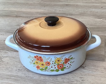 Vintage Floral Enamelware Pot Pan, Brown Lid, Vintage Kitchen, Retro Kitchen, Mid Century, MCM, 1970s