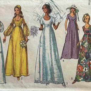 May include: Vintage Simplicity sewing pattern featuring five long dresses. The dresses include a wedding gown, a yellow gown, and a floral print dress. The pattern is size 10, with a bust measurement of 32 1/2 inches. The price is $1.00.