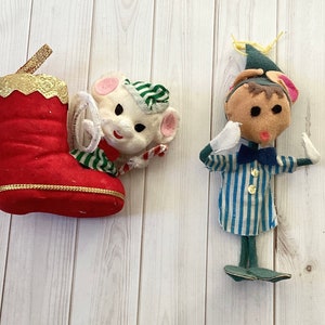 Vintage Christmas Ornaments, Mice Ornaments, Flocked Mouse, Felt, Chenille, Mid Century Holiday, Christmas Decor, Retro Christmas