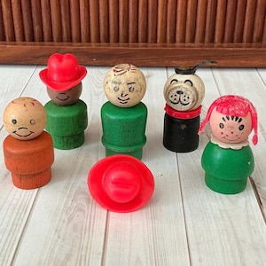 Vintage Fisher Price Little People, Wooden Little People, Boy with Cowboy Hat, Lucky Dog, Mid Century, 1970s Toy