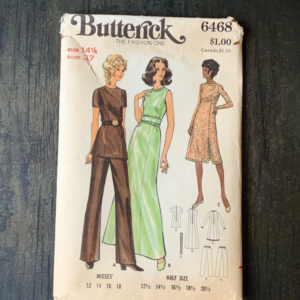 Vintage Butterick 6468 Sewing Pattern, UNCUT, Size 14.5, 37 Bust, Evening Dress, A Line Dress, Tunic, Pants, Jewel Neckline, 1970s Fashion