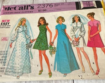 Vintage 1970 Wedding Dress Pattern, McCalls 2376, Size 10, Bridesmaid Dress, Bridal Gown, Boho Wedding, 1970s Fashion