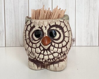 Vintage Owl Toothpick Holder, Owl Pottery, Kitschy, Granny Chic, Bohemian Decor, Kitchen Decor