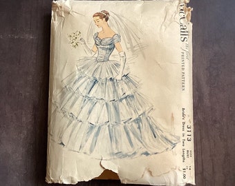 Vintage 1950s Wedding Dress Pattern, McCalls 3113, Brides Dress, Two Lengths, Size 14, 32 Bust, Tiered, Dress, NOT REPRODUCTION