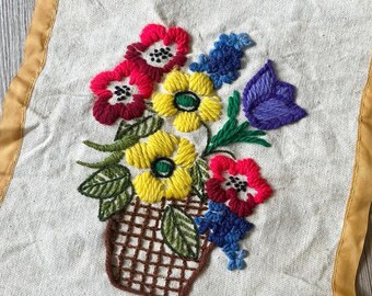 Vintage Completed Floral Crewel, Flowers in a Basket, Tulips, Hand Embroidered, Yarn Art, Spring Decor