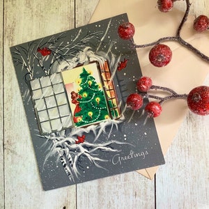 Vintage 1950s Christmas Card, Lady In Red, Christmas Tree, Unused Card, Popout Card