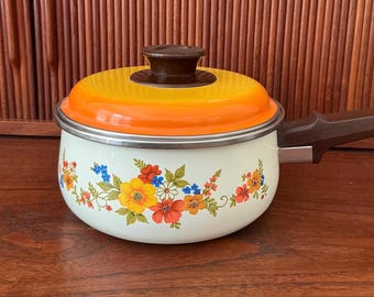 JMP Sweet Flowers Sauce Pan, Floral Enamelware Pot Pan, Orange Lid, Vintage Kitchen, Made In Spain, 1980s
