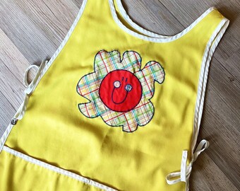 Vintage Full Bib Apron, Smiley Face, Happy Flower, Kitchen Linen, Flower Power, Retro, Sunny Yellow, 1970s