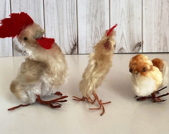 Vintage Cotton Batting Chickens, Chenille, Wire Feet Chicks, Rooster, Wool Chicken, Easter Decor, Vintage Easter, Occupied Japan, 1940s