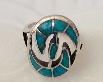 Vintage Zuni Sterling Silver Ring, Turquoise Inlay Ring, Native American, Southwestern Jewelry, Boho Chic, Bohemian, Size 6
