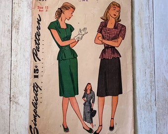 May include: Vintage Simplicity sewing pattern number 1357 for a dress with a fitted bodice and a skirt. The pattern is for size 13 with a bust measurement of 31 inches. The pattern shows two women wearing the dress in different colors and styles.