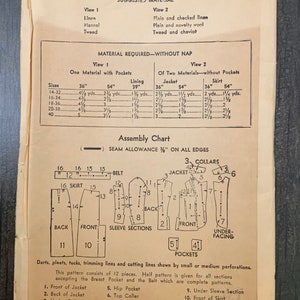 Może przedstawiać: Wzorzec szycia vintage do sukienki z żakietem i sp&oacute;dnicą. Wzorzec zawiera instrukcje dotyczące szycia odzieży, a także listę niezbędnych materiał&oacute;w. Wzorzec jest dla rozmiar&oacute;w 14-32, 16-34, 18-36, 20-38 i 40. Wzorzec jest dla sukienki z żakietem i sp&oacute;dnicą. Wzorzec zawiera instrukcje dotyczące szycia odzieży, a także listę niezbędnych materiał&oacute;w. Wzorzec jest dla rozmiar&oacute;w 14-32, 16-34, 18-36, 20-38 i 40.