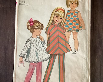Vintage Simplicity 7463 Sewing Pattern, Size 2, Young Girl Pattern, Pants, Overblouse, Elastic Waist, Eyelet Trim, 1960s Pattern