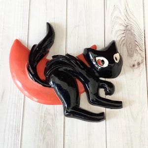 Vintage Halloween, Black Cat, Orange Moon, Cake Topper, Halloween Decor, Hong Kong, Molded Plastic, Crafts, 1970s