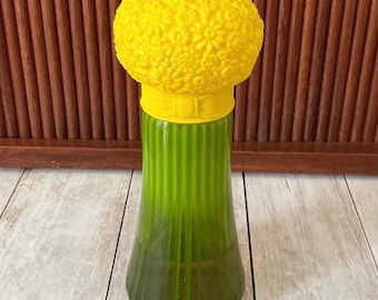 Vintage Avon Field Flowers Perfume, Yellow Daisy Lid, Cologne Mist, 3 Ozs., Green Glass Bottle, Vanity Decor, Glass Jar, 1970s