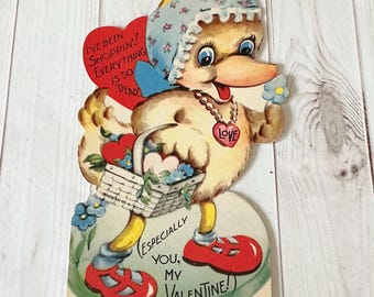 Vintage Valentines Card, Duck Wearing Bonnet, Valentines Diecut, Made in USA, 1940s