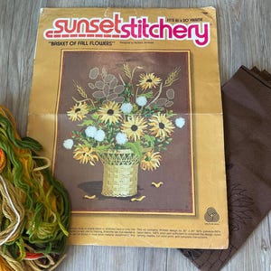 1970s Crewel Embroidery Kit, NO INSTRUCTIONS, Sunset Stitchery, Basket of Fall Flowers, Vintage Crewel, Sunflowers, Fall Decor, 16 x 20