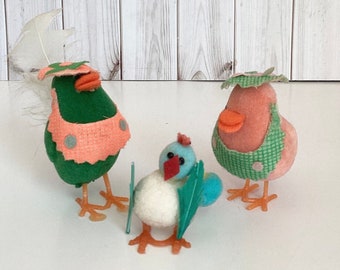 Vintage Flocked Birds, Flocked Chicks, Chenille, Feather Tails, Spun Cotton, Styrofoam, Easter Decor, Spring Decor, Mid Century, Japan