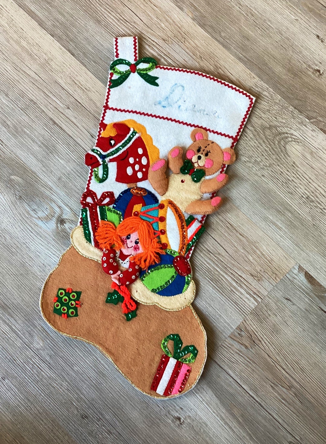 Vintage Bucilla Handmade Stocking, Felt Appliques, Sequins, Beading