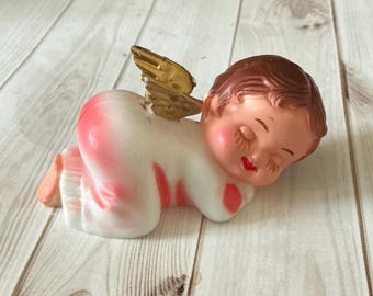Vintage Wilton Baby Angel Cake Topper, Sleeping Baby, Long Eyelashes, Plastic, Christmas Angel, Valentines Decor, Hong Kong, 1970s