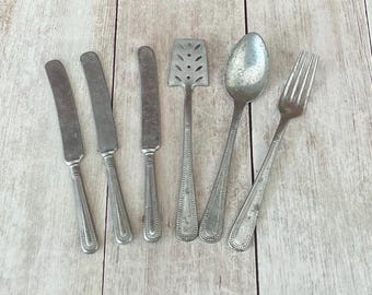 Vintage Toy Aluminum Cutlery Set, Flatware, Miniature Knives, Fork, Spoon, Spatula, Farmhouse Kitchen, Germany, 6 Pieces